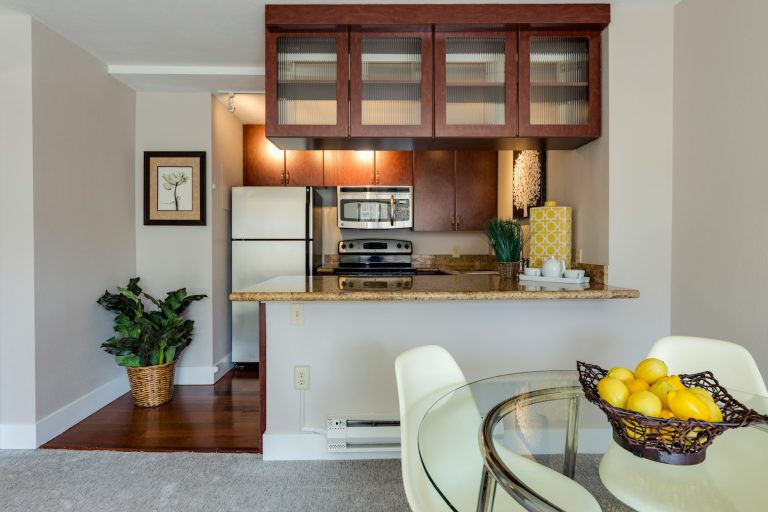 white and beige marble-top table
