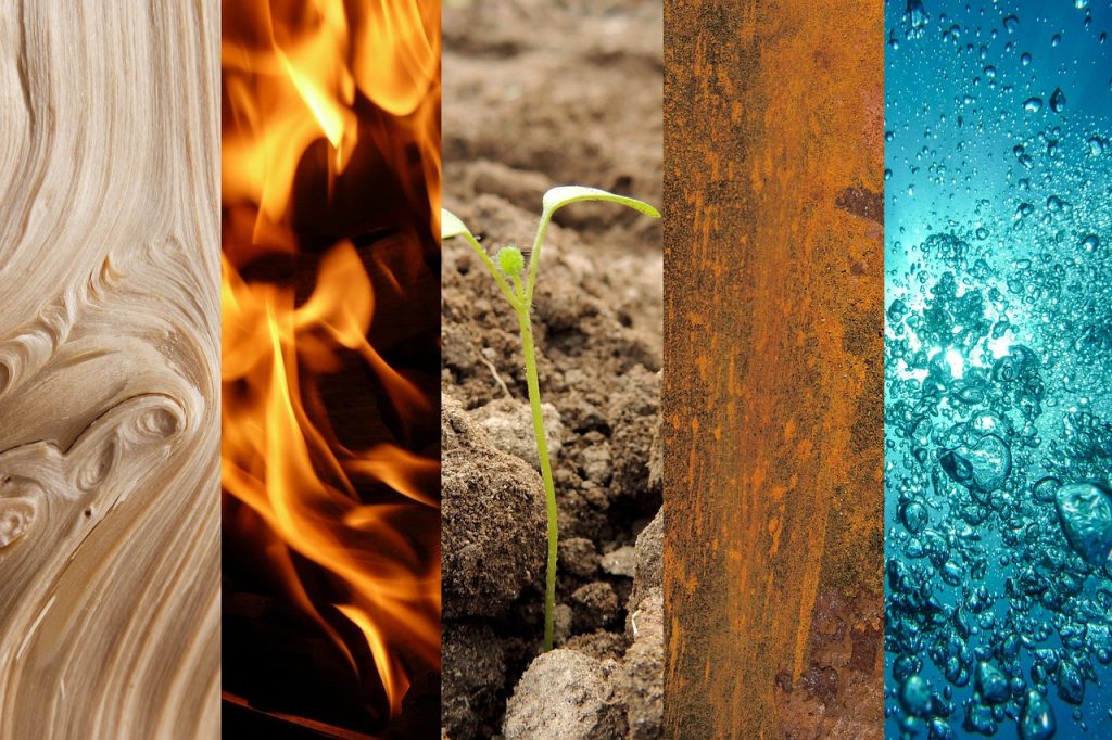 five elements, wood, fire, earth, nature, metal, water, departure, design, fruit formation, mature, quiet, process flow, cycle, character studies, chinese philosophy, the five elements