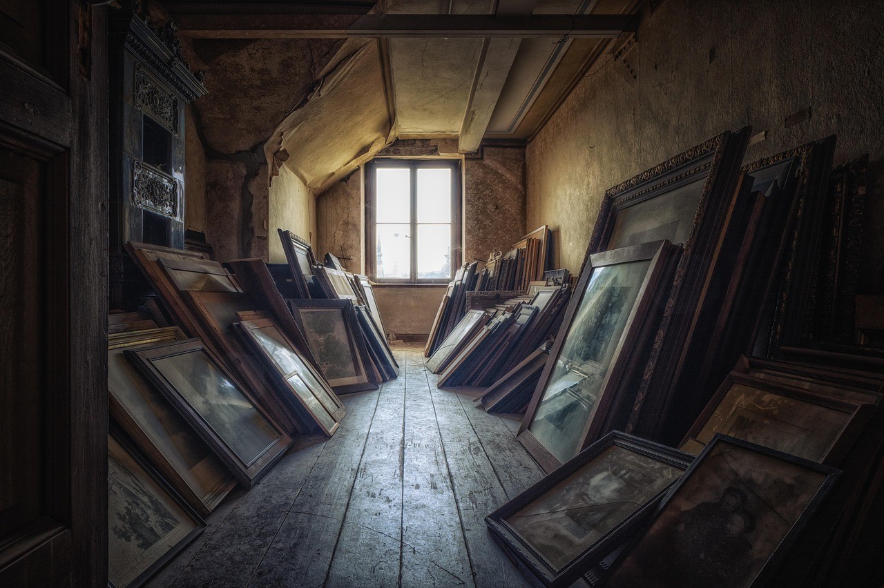 attic, room, window, artwork, paintings, wall art, space, interior, wood floor, old, storage room, attic, attic, attic, attic, attic